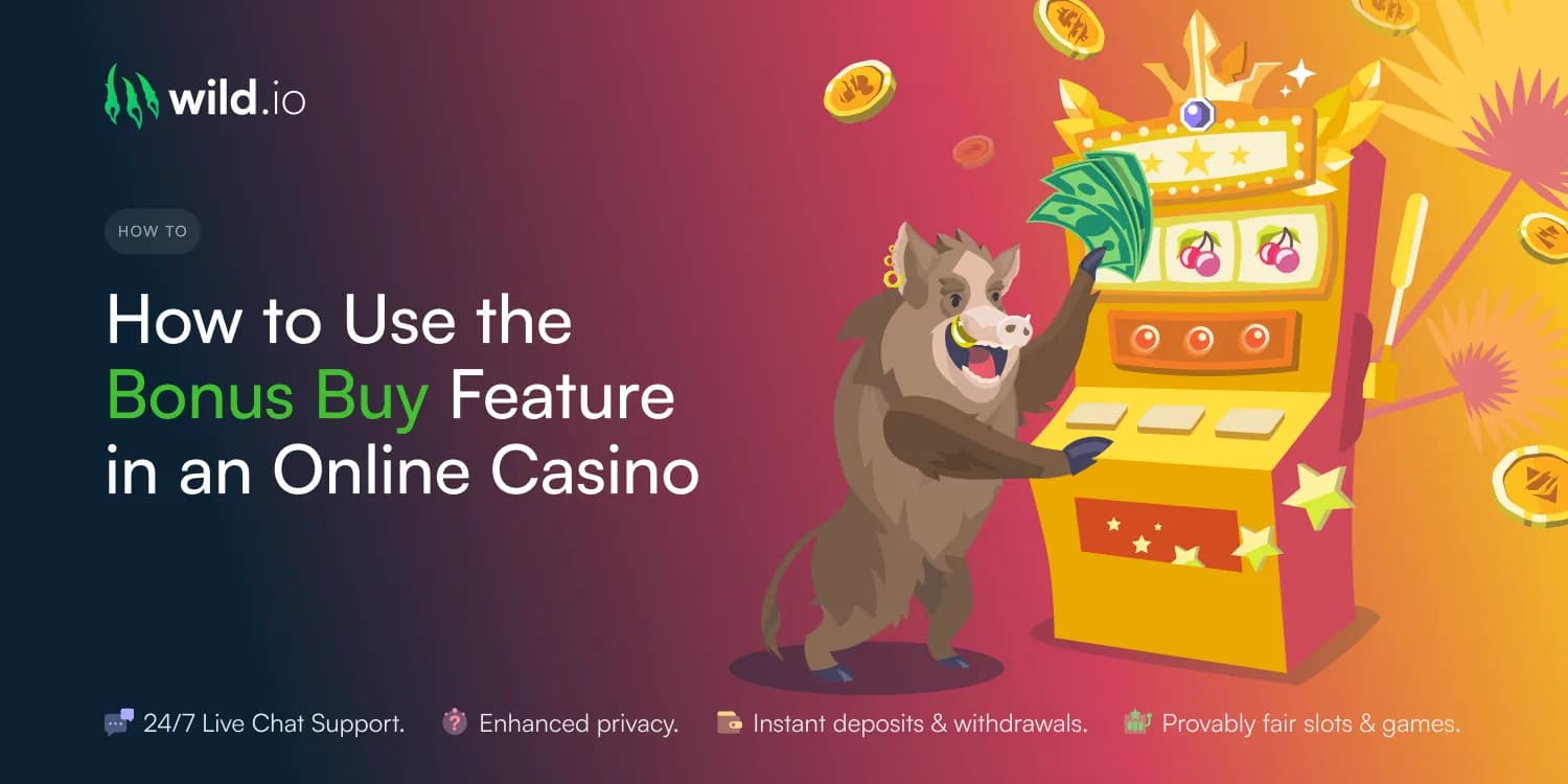 Slot bonus buy feature guide banner showing feature purchase and gameplay options