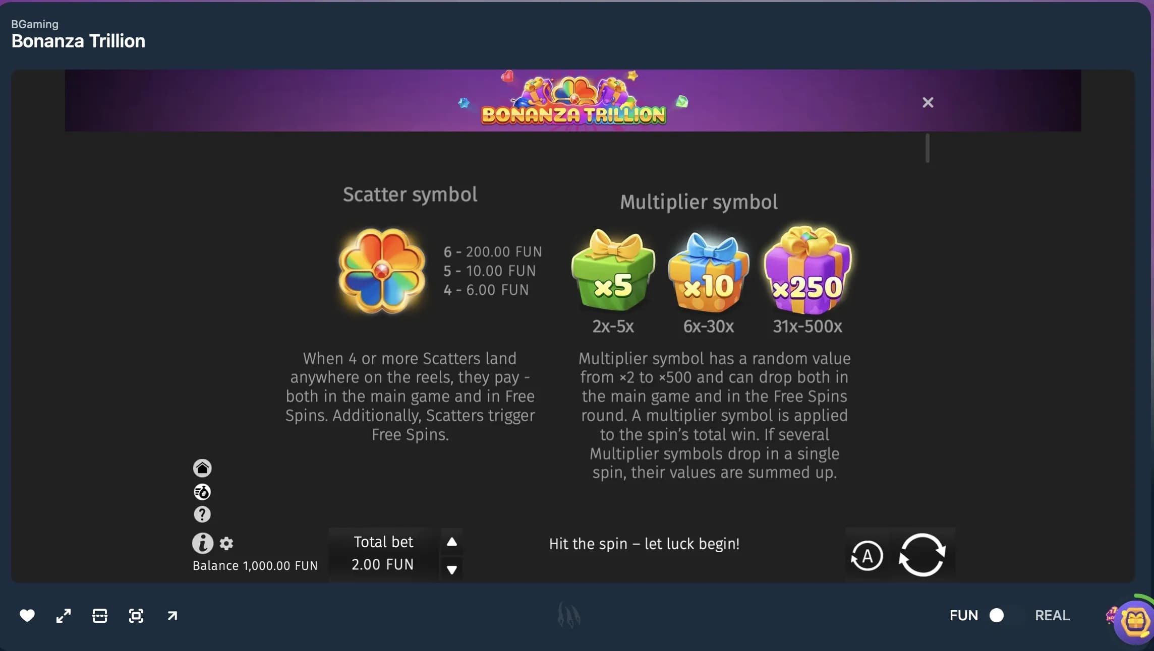 Bonanza Trillion slot game paytable with scatter symbol triggering free spins and multiplier symbols up to 500x