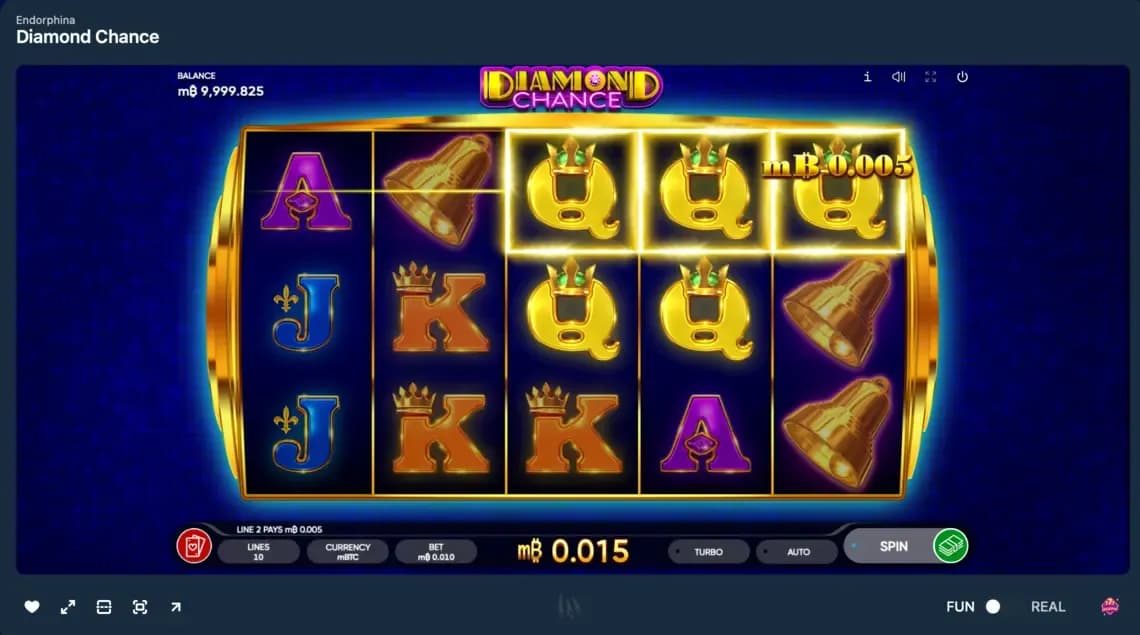 Diamond Chance slot game displaying a horizontal winning payline with matching Q symbols highlighted across multiple reels.