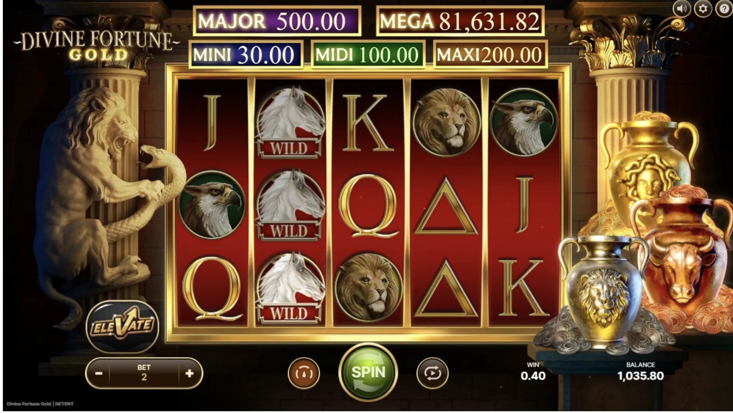 Divine Fortune slot interface showing progressive jackpots and themed reel symbols