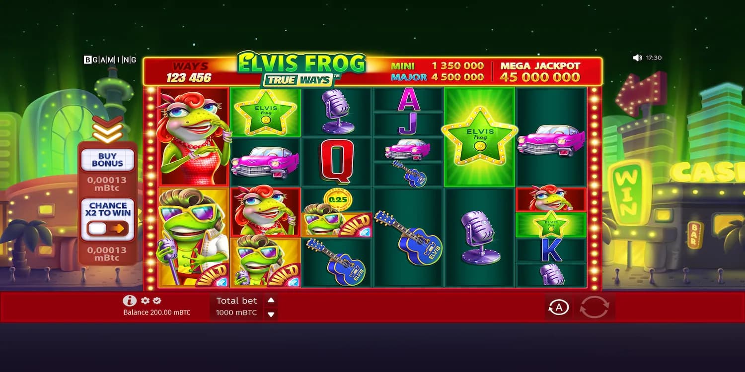 Elvis Frog Trueways slot gameplay showing reels with frog symbols and colorful icons