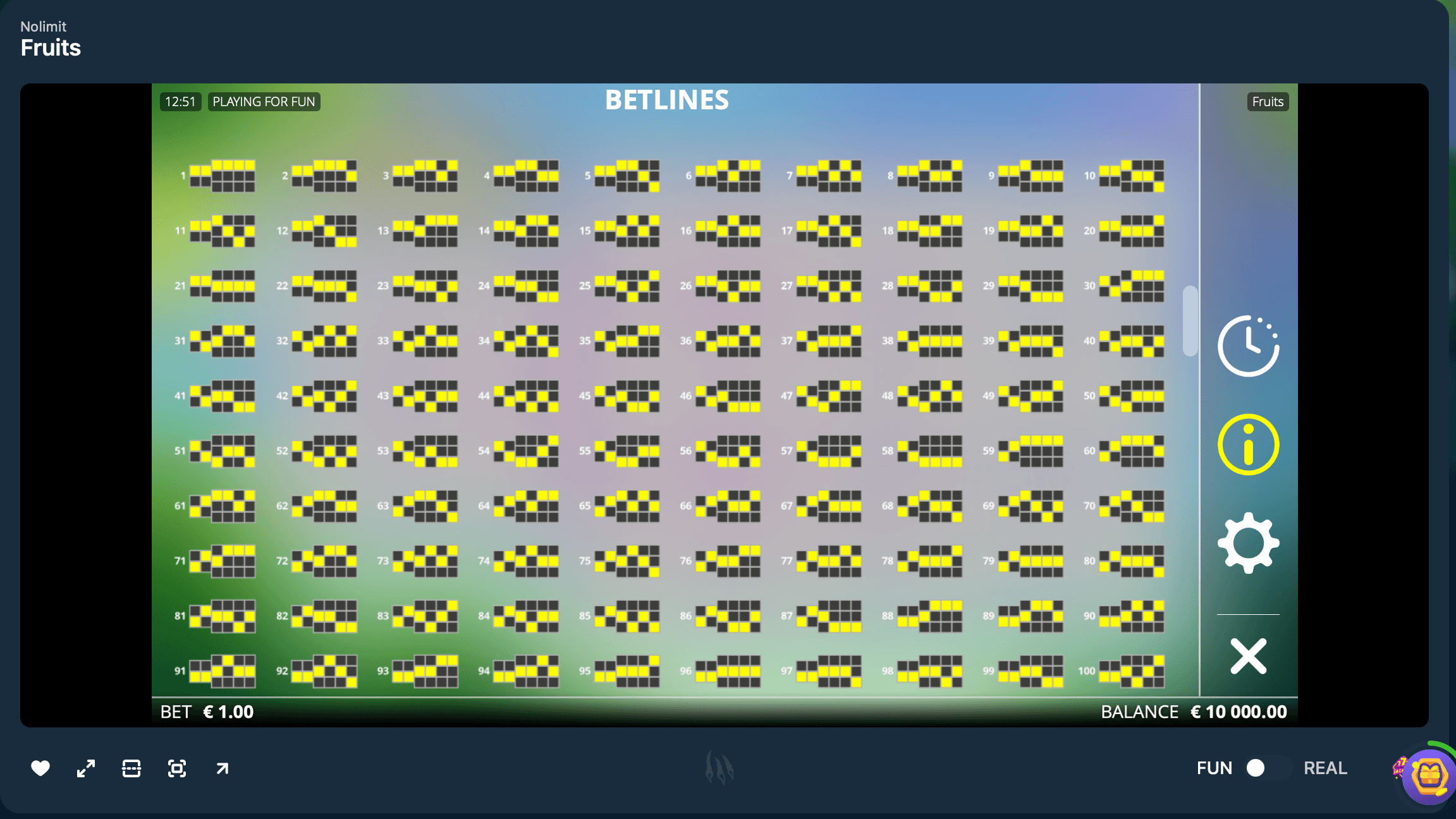 100-payline slot machine diagram displaying complex betline patterns across a 5-reel video slot game with multiple winning paths.