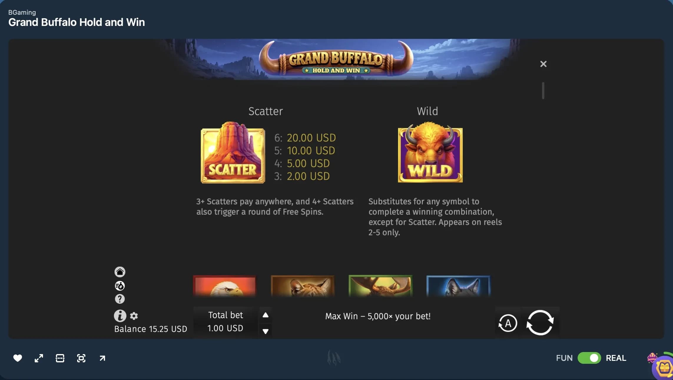 Screenshot of the Grand Buffalo Hold and Win slot paytable showing scatter and wild symbols with payout amounts, free spins mechanics, and symbol substitution rules.