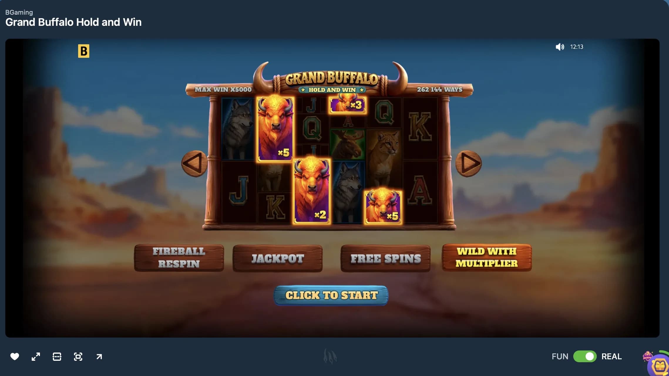 Screenshot of the Grand Buffalo Hold and Win online slot game showing multiplier wild symbols, jackpot features, free spins, and Hold & Win bonus mechanics on the reels.
