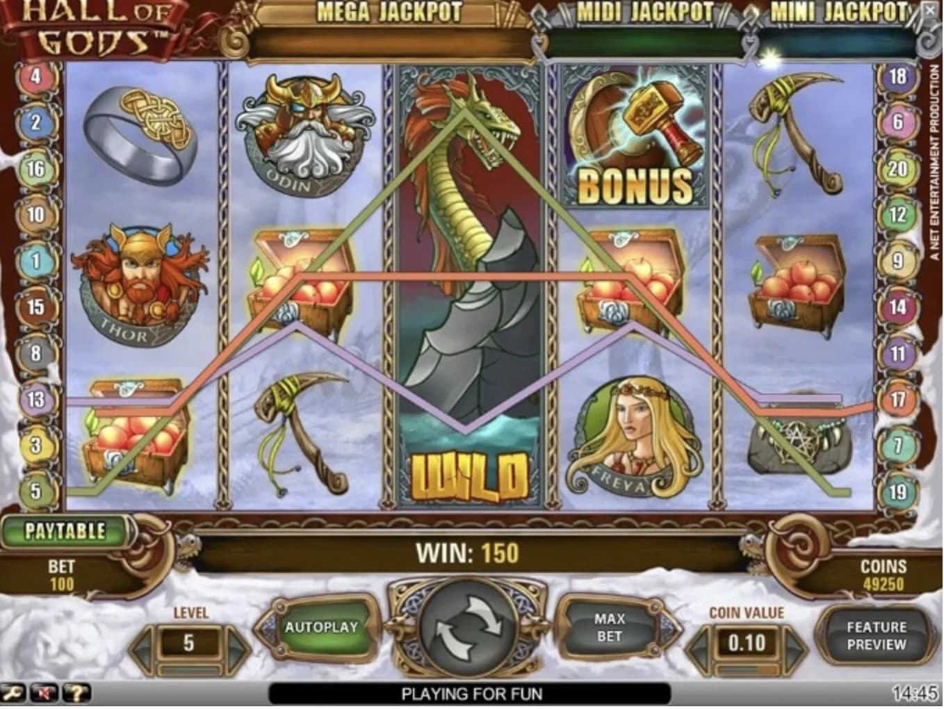 Hall of Gods slot interface featuring themed symbols and progressive jackpot gameplay