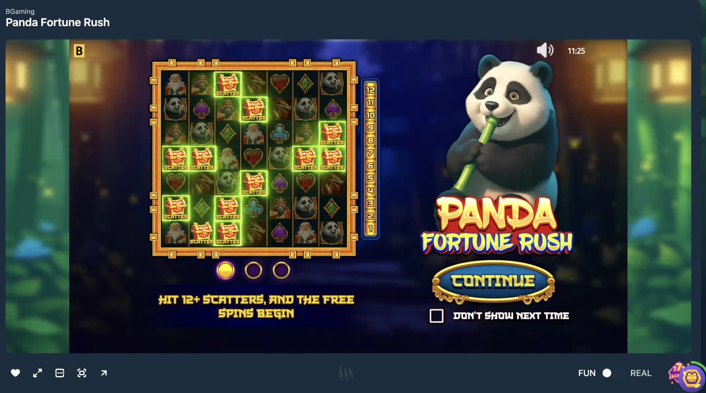 Screenshot of the Panda Fortune Rush online slot game showing multiple scatter symbols on the reels triggering a free spins feature alongside panda-themed slot icons.