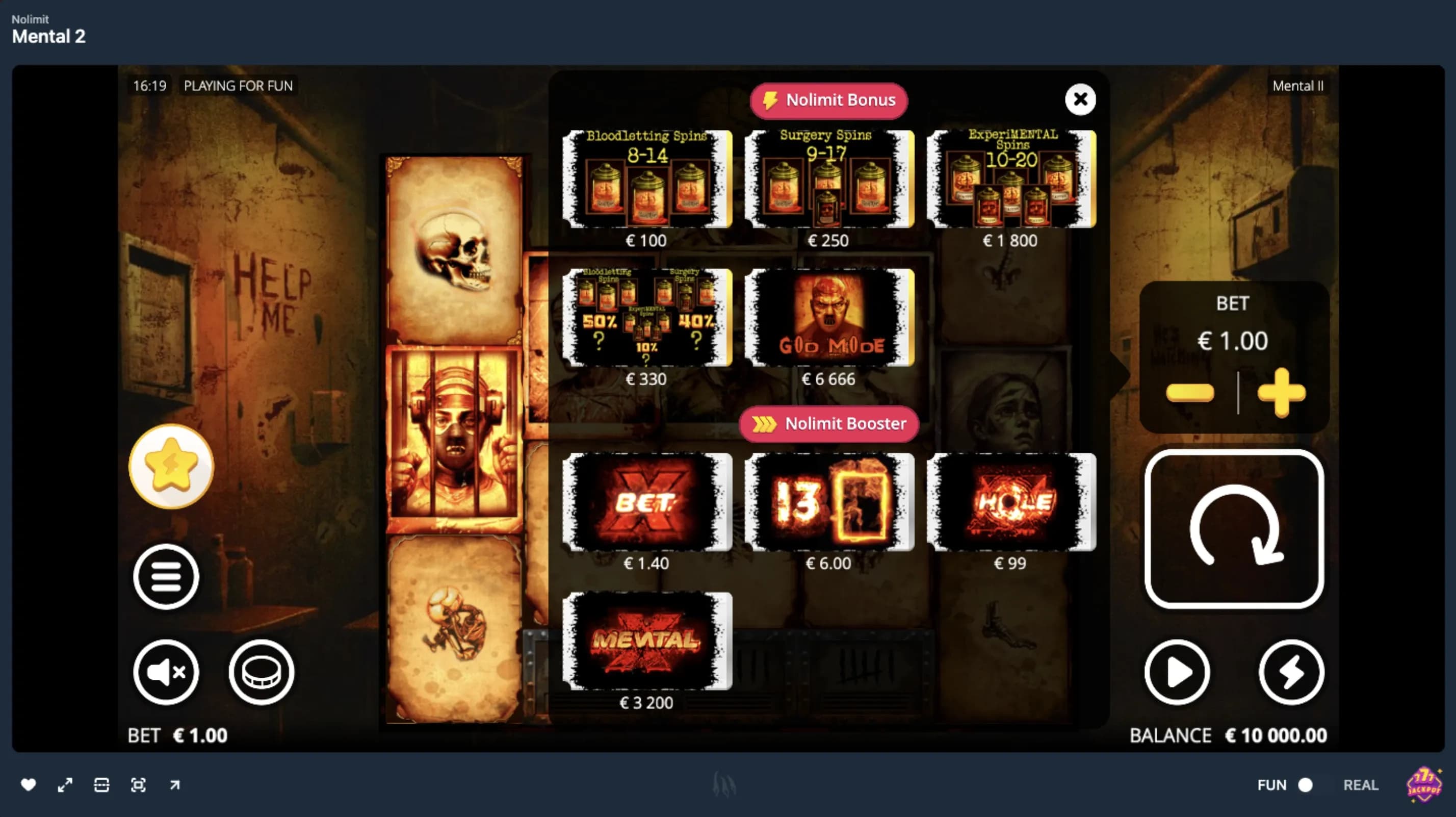 Slot bonus buy screen with selectable bonus features and prices