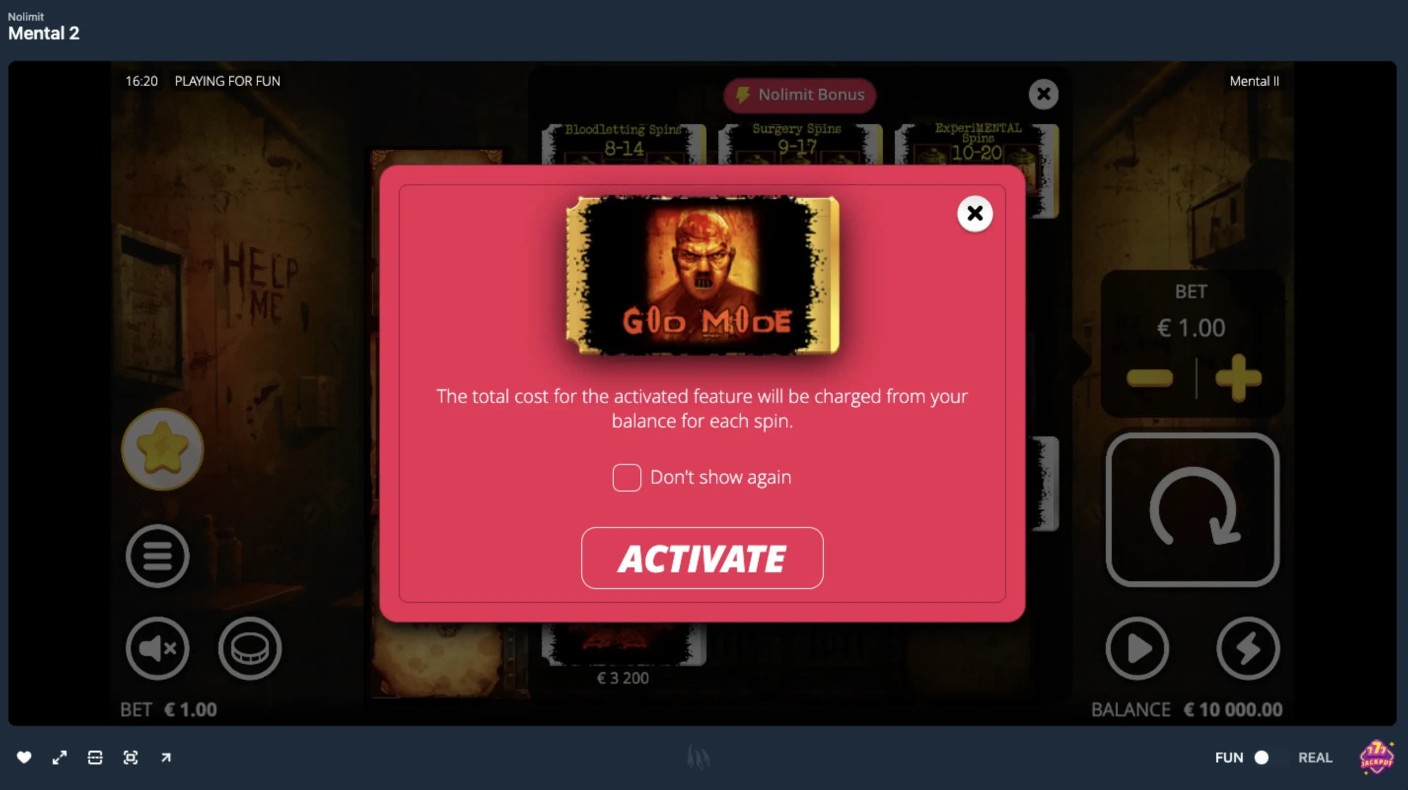 Slot bonus activation pop-up with feature cost and activate button