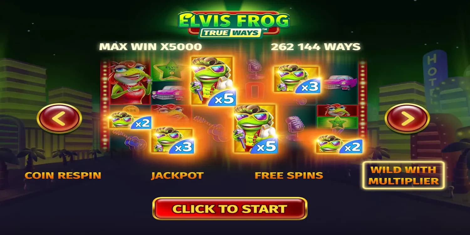 Elvis Frog slot game screen with multipliers, free spins and jackpot features