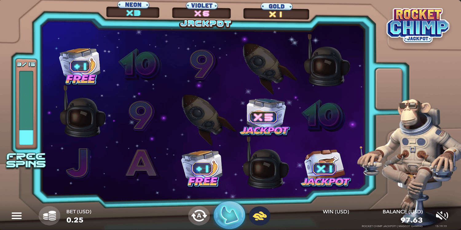 Rocket Chimp slot game free spins round with jackpot multipliers and symbols