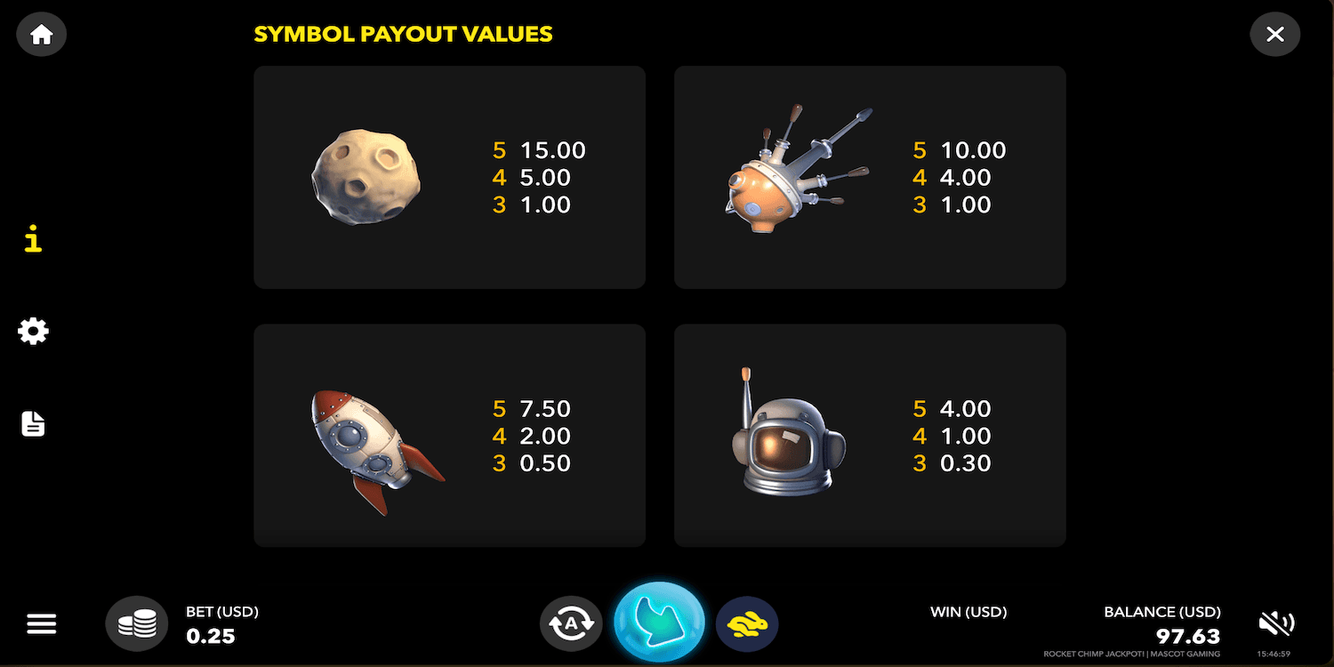 Slot game paytable showing symbol payout values and rewards