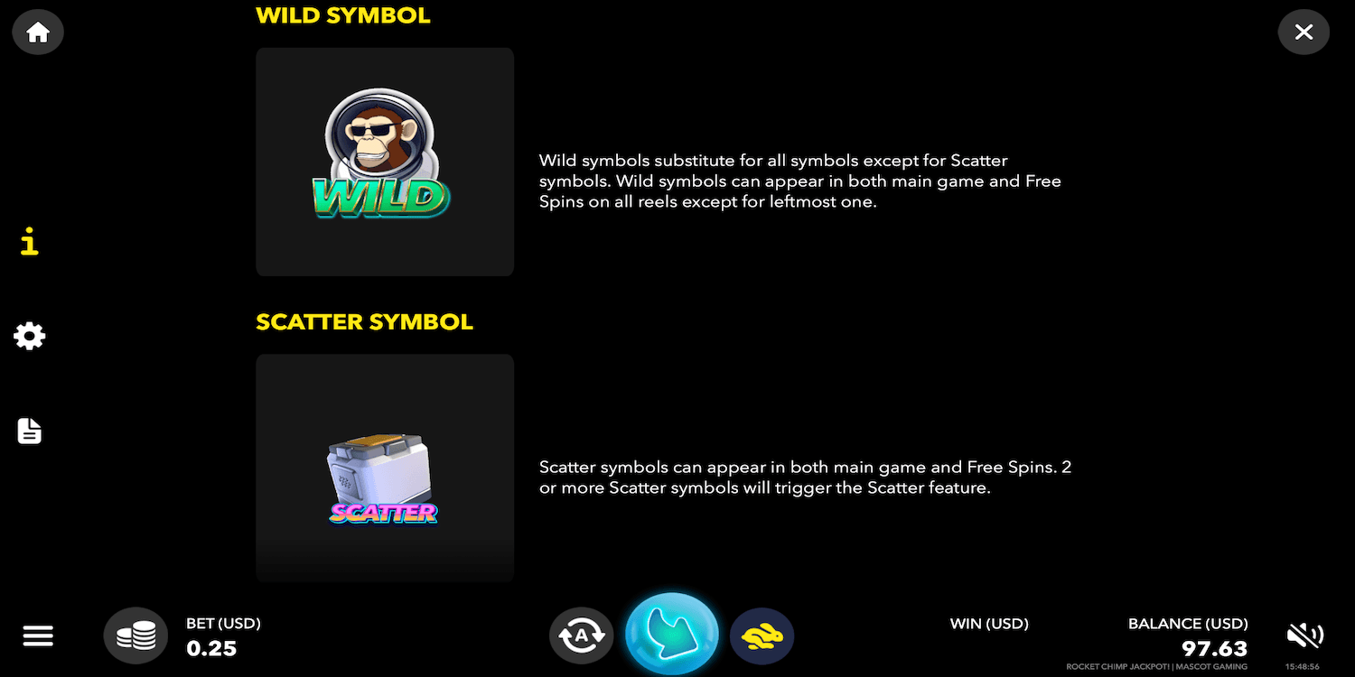 Slot game paytable showing wild and scatter symbols and their features
