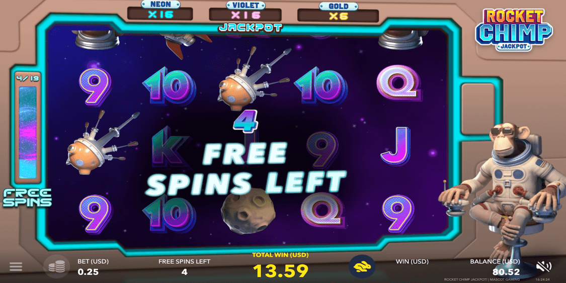 Slot game free spins gameplay showing reels, symbols and spins remaining