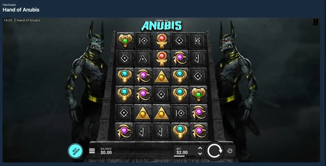 Hand of Anubis slot game screen with symbols and Buy Bonus button visible