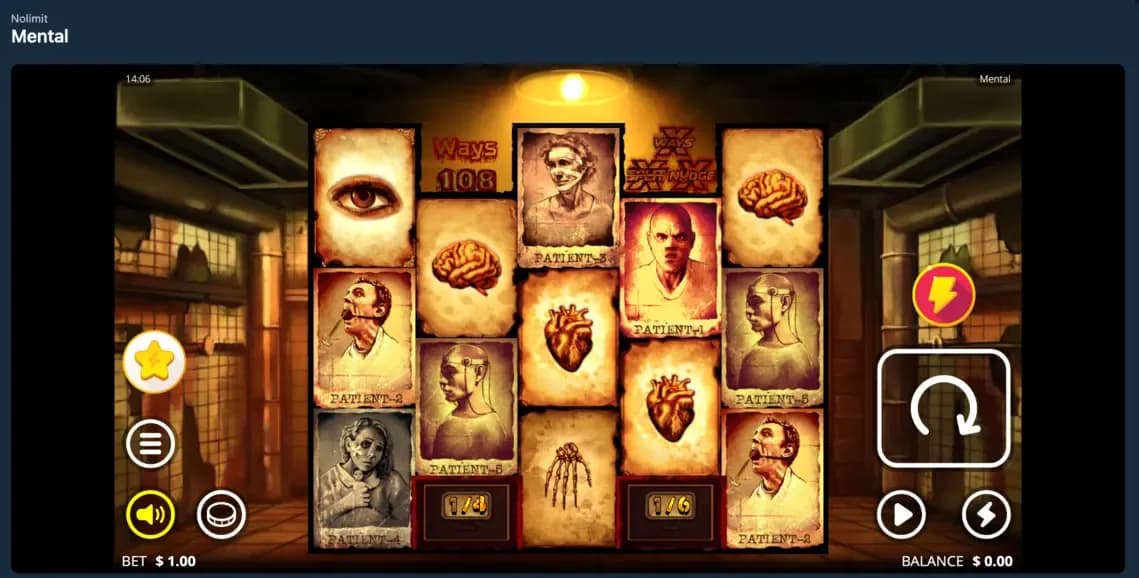 Mental slot game screen with reels, symbols, and bonus feature elements visible