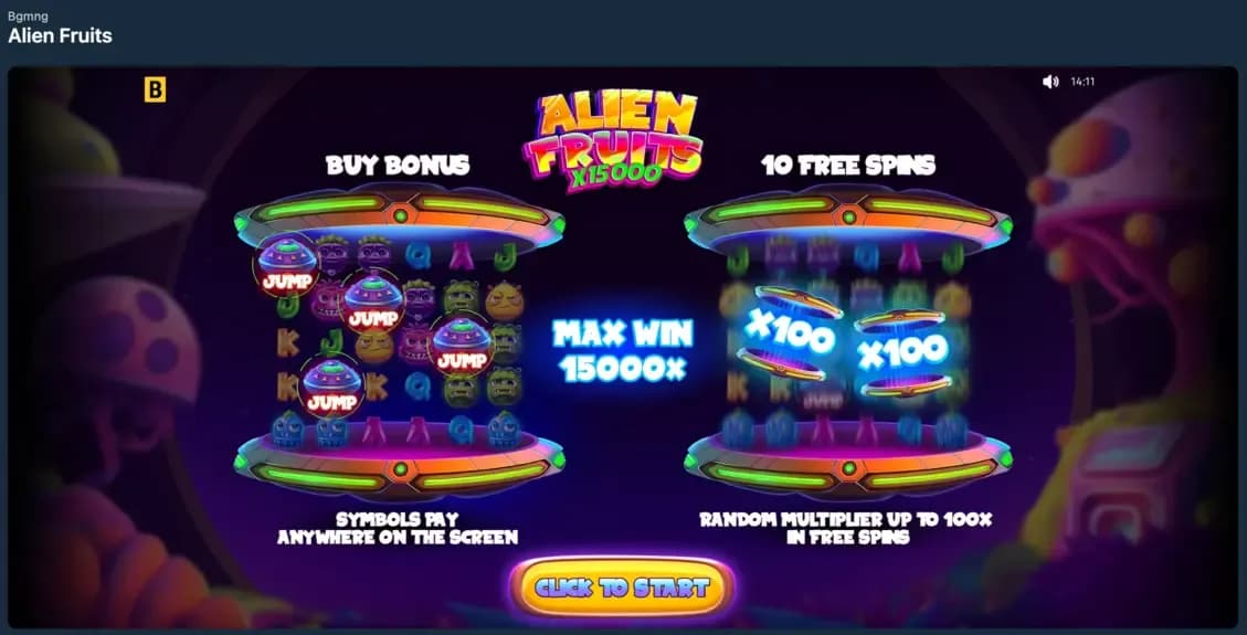 Alien Fruits slot game bonus screen with Buy Bonus option and multiplier features displayed