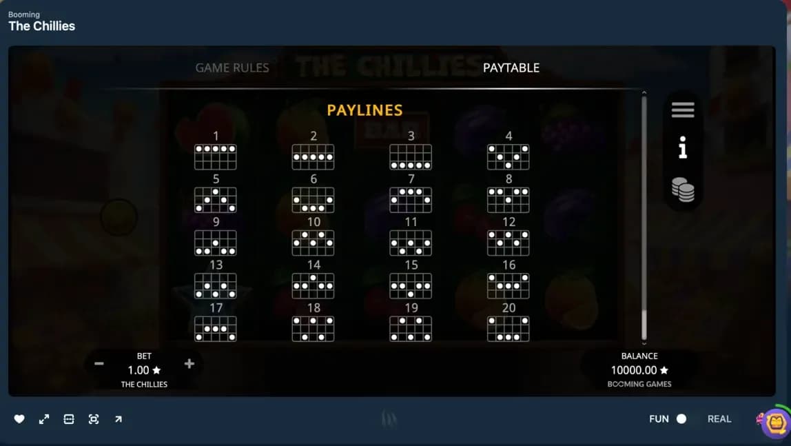 Slot machine paylines diagram displaying 20 paylines across a 5-reel video slot, including horizontal, diagonal, and zigzag winning patterns.