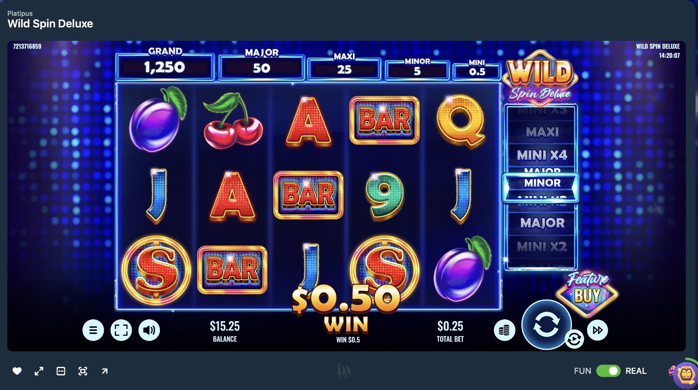 Screenshot of the Wild Spin Deluxe slot machine game showing reels with wild symbols, cherries, plums and lucky 7s