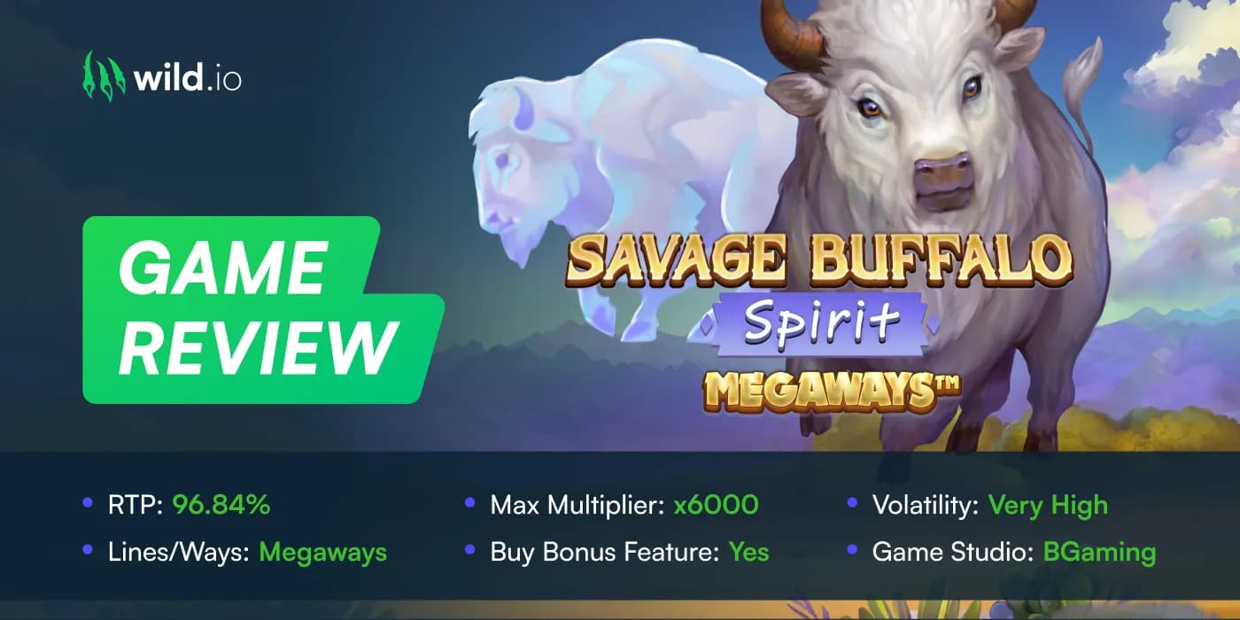 Savage Buffalo Spirit slot review banner with gameplay features and themed symbols