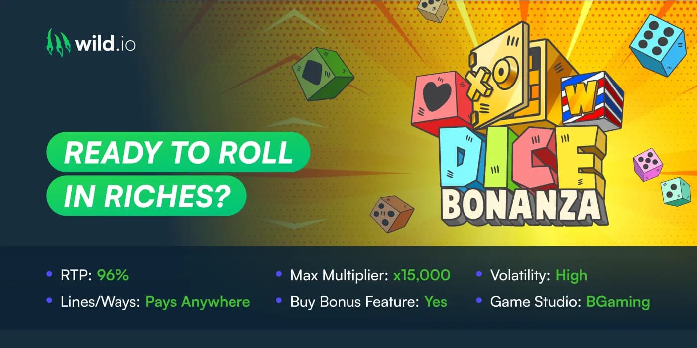 Dice Bonanza slot review banner with dice symbols and gameplay features
