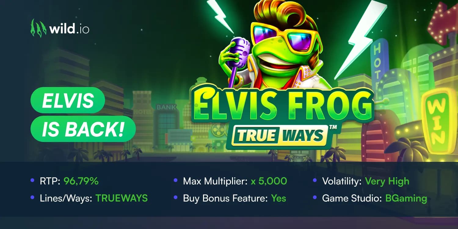 Elvis Frog Trueways slot review banner with frog character and gameplay features