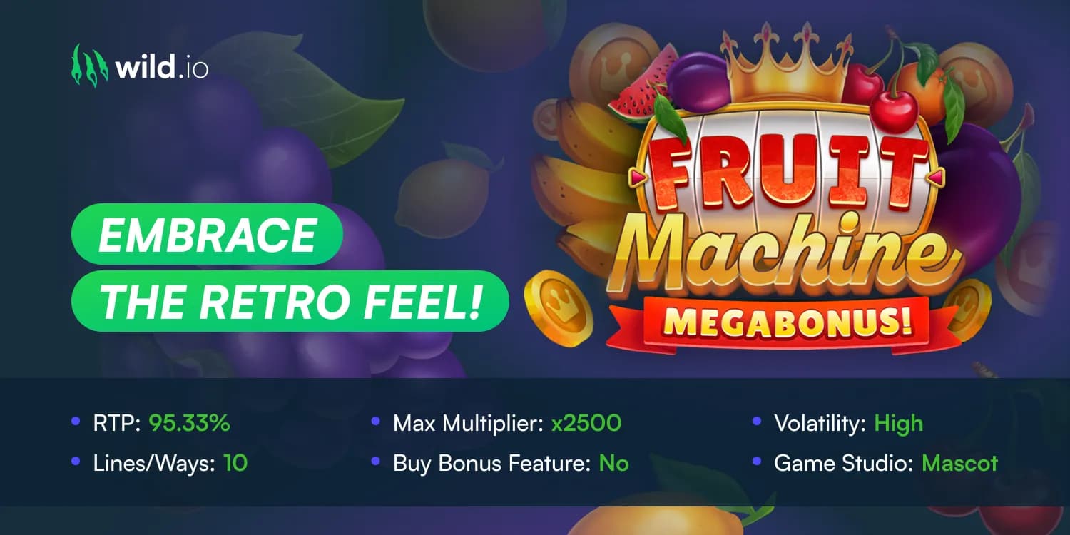 Fruit Machine Megabonus slot review banner with fruit symbols and gameplay features