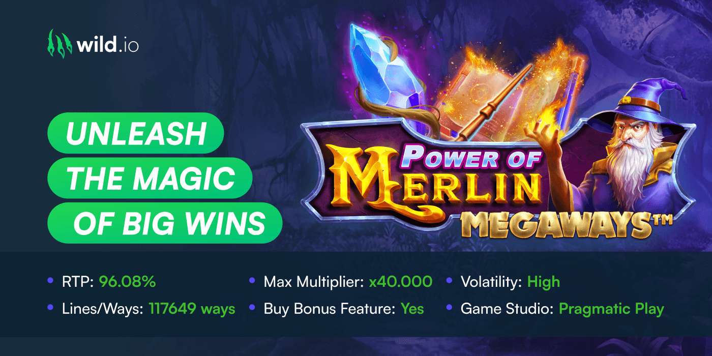 Power of Merlin Megaways slot review banner with game features and gameplay