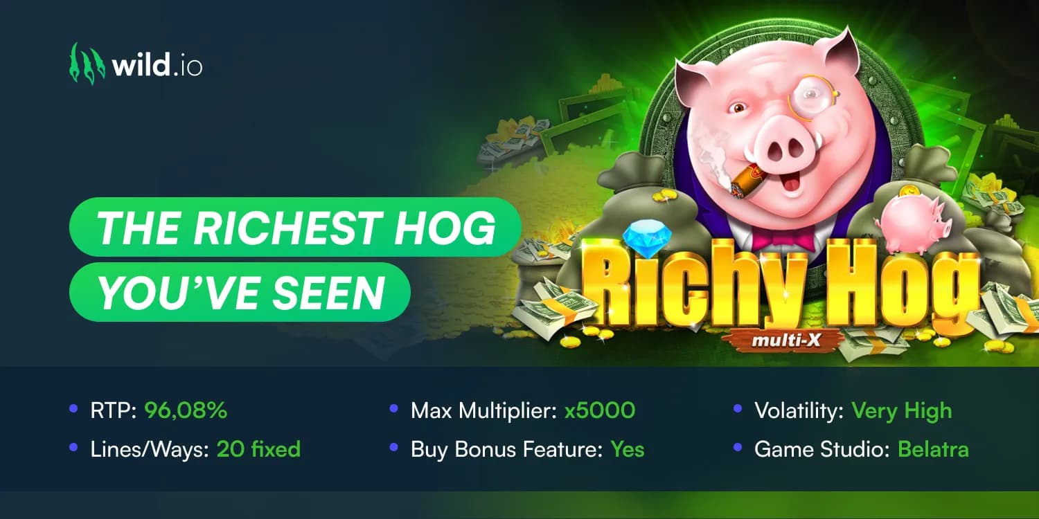 Richy Hog slot review banner with pig character and gameplay features