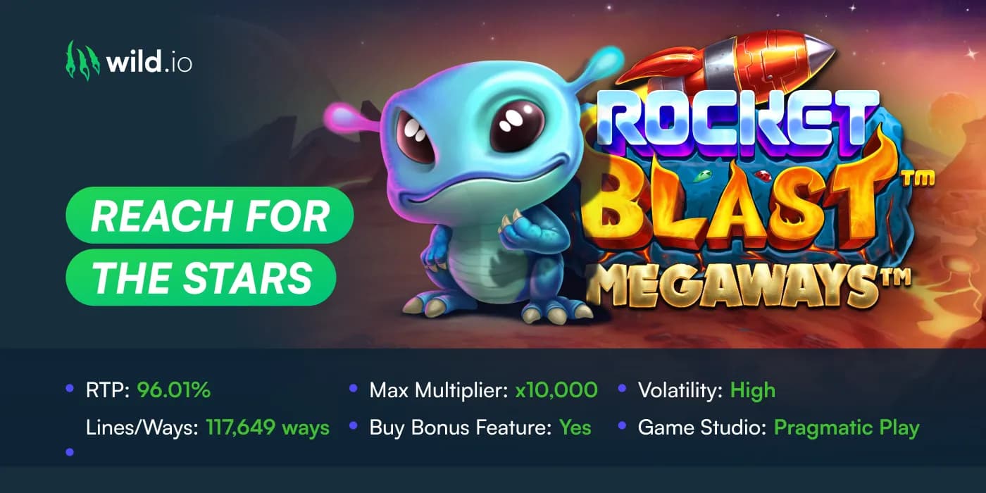 Rocket Blast Megaways slot review banner with gameplay and features