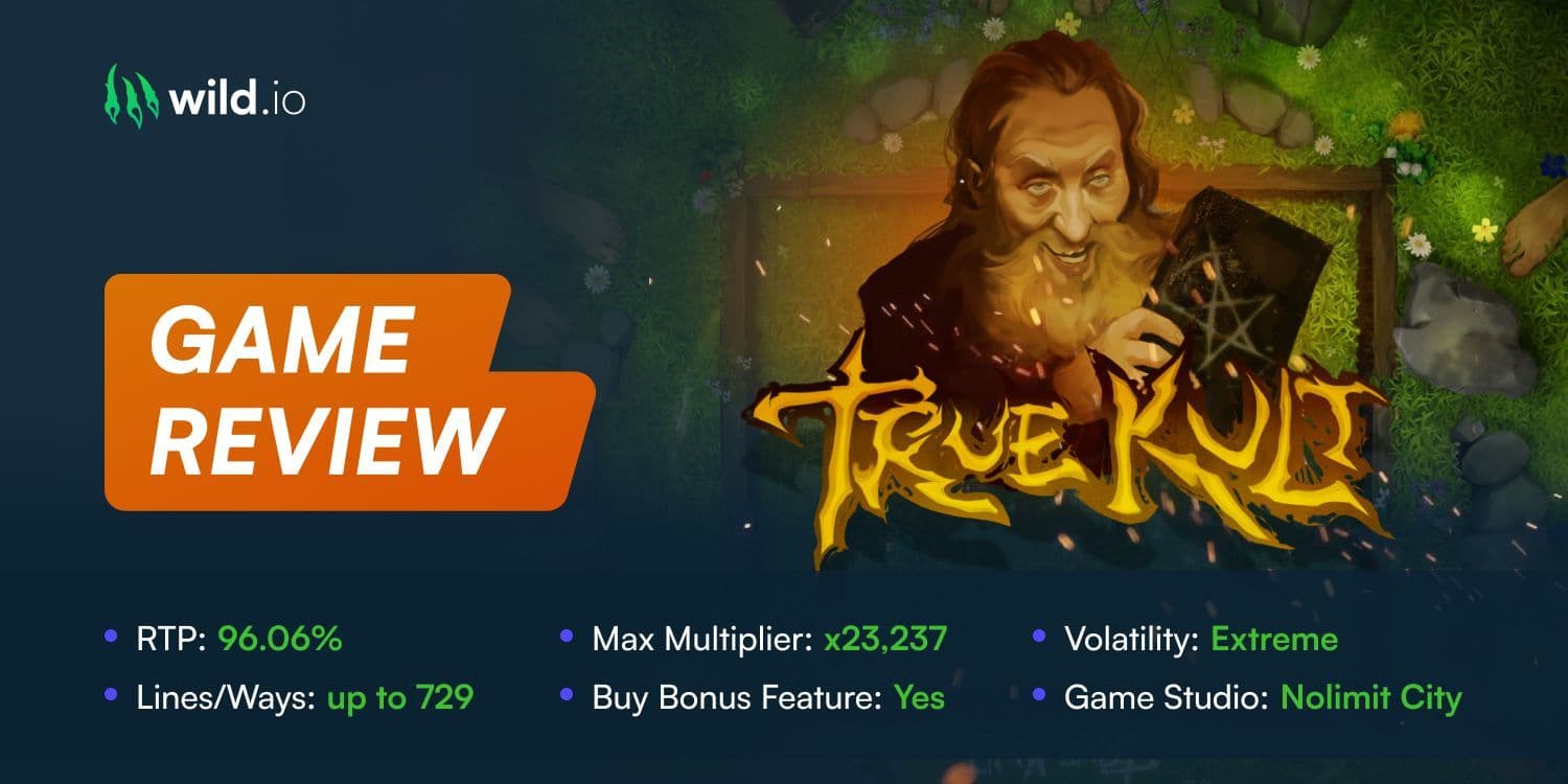 True Kult slot review banner with gameplay features and themed symbols