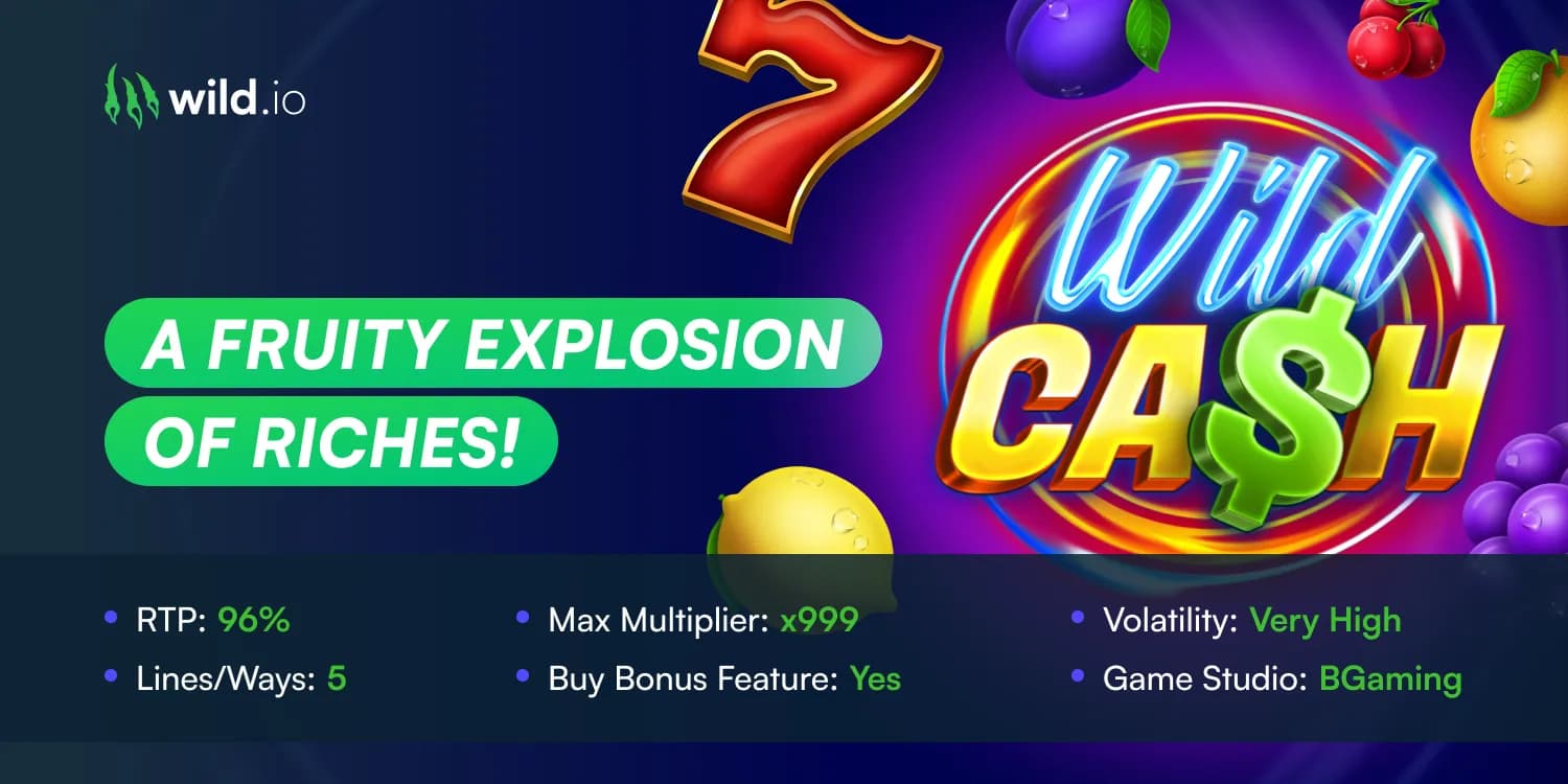 Wild Cash slot review banner with gameplay and features