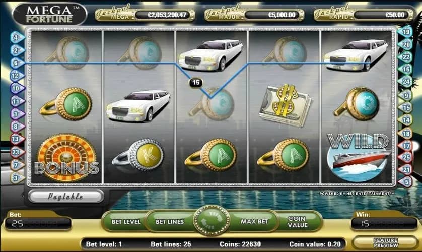 Mega Fortune slot game interface showing reels, jackpot tiers, and betting controls