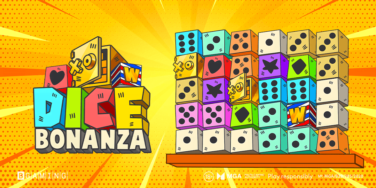 Dice Bonanza slot game banner with colorful dice symbols and gameplay