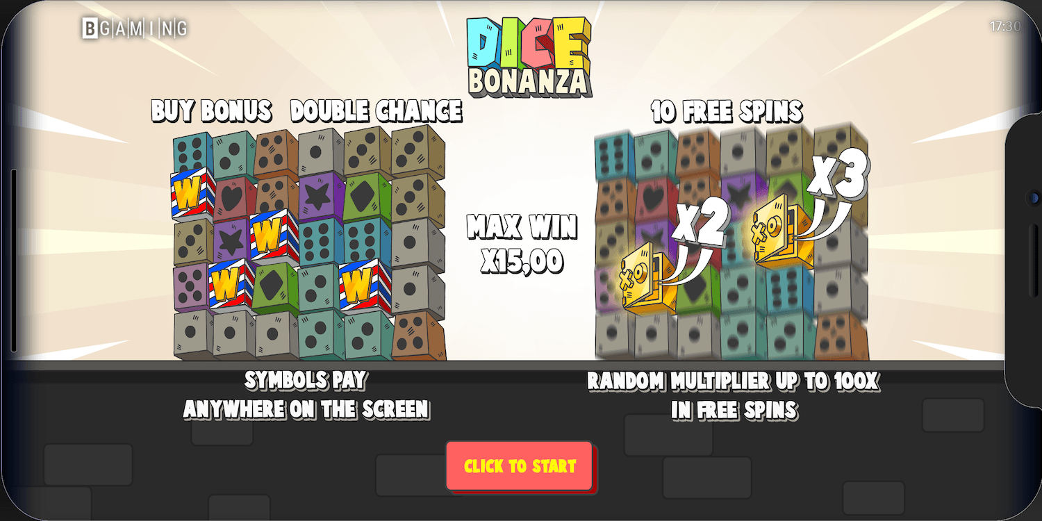 Dice Bonanza game start screen showing homepage layout and game features