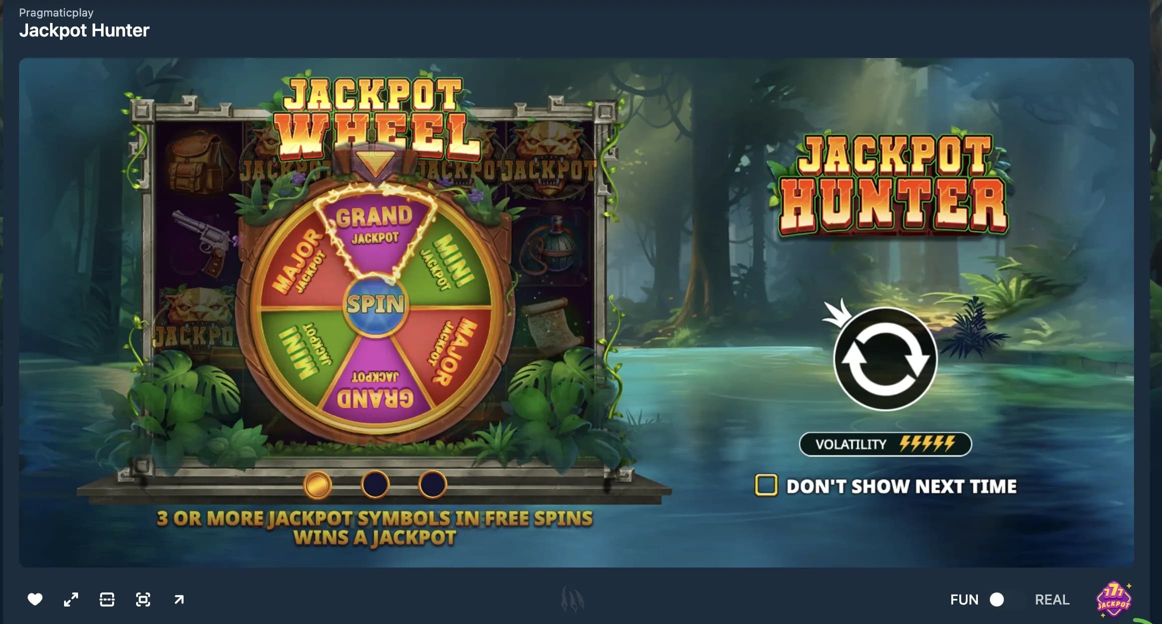 Jackpot Hunter slot game screen with jackpot wheel and prize tiers visible