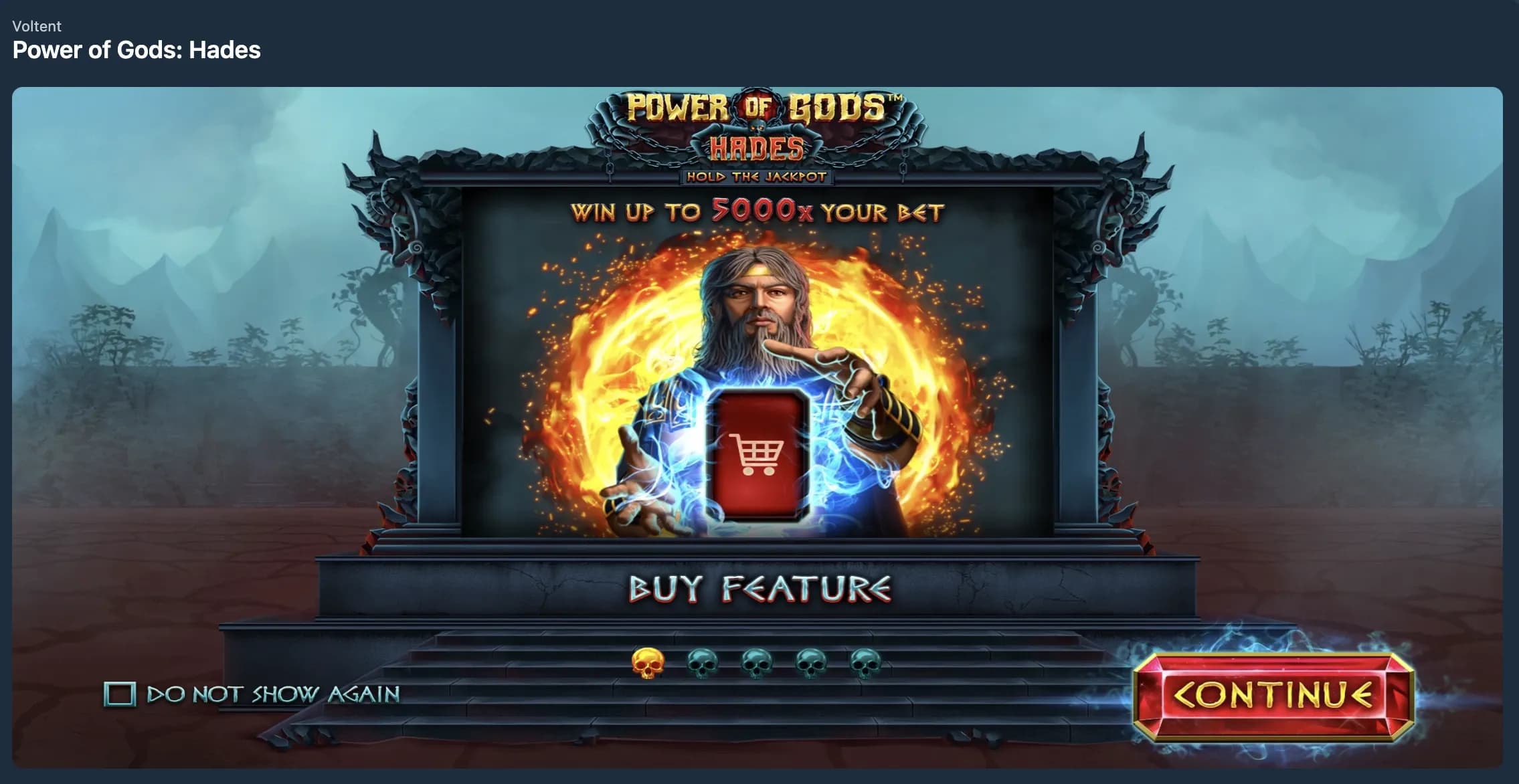 Power of Gods Hades slot game Buy Feature screen with bonus activation option visible
