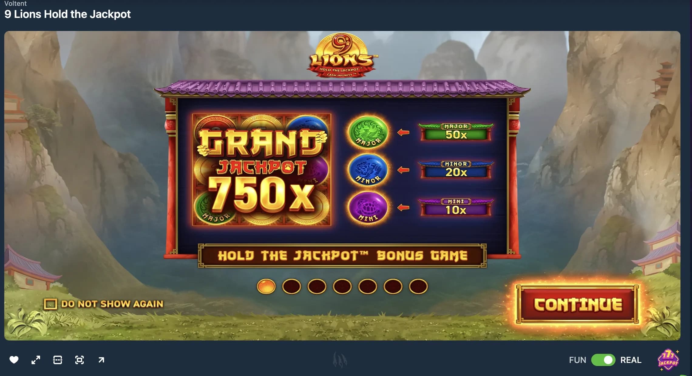 9 Lions Hold the Jackpot slot bonus screen with Mini, Minor, Major, and Grand jackpots visible