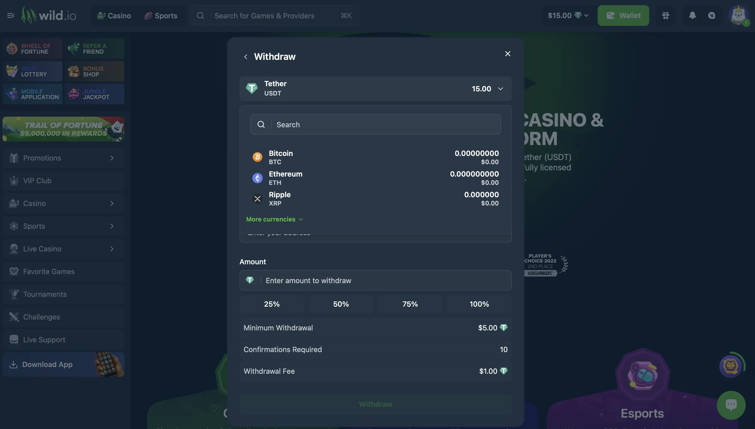 Wild.io withdrawal interface displaying USDT selection, amount field, minimum withdrawal, confirmation requirements, and withdrawal fee details