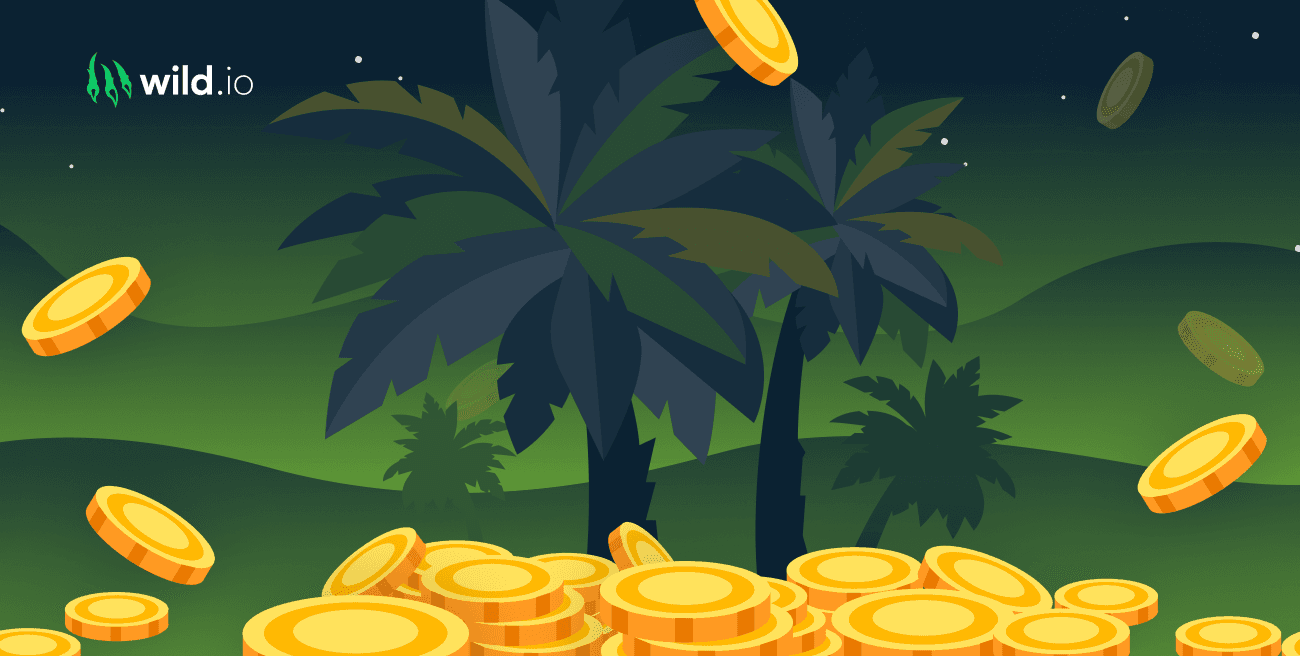 Wild.io promotional illustration with coins and tropical background