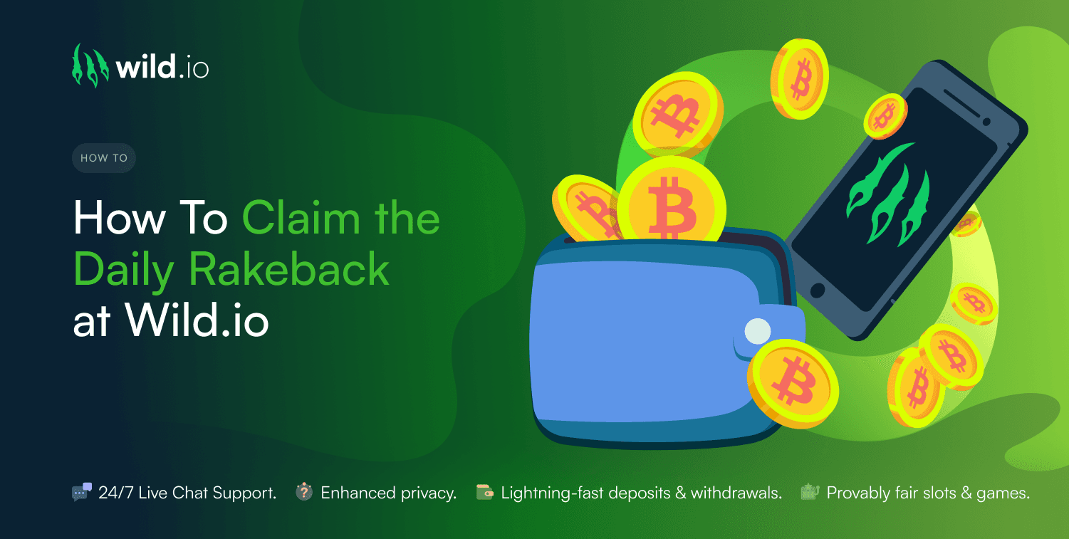 How to get daily rakeback at Wild.io guide banner with rewards and cashback illustration