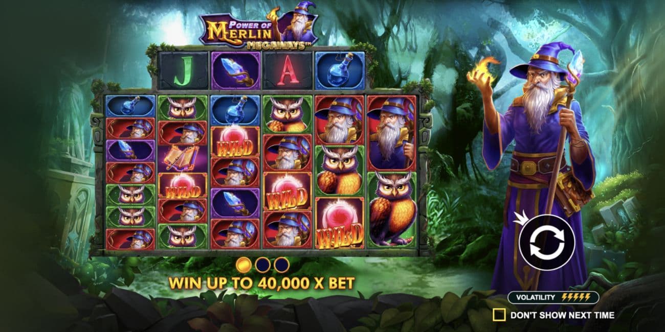 Power of Merlin Megaways slot gameplay with reels and symbols