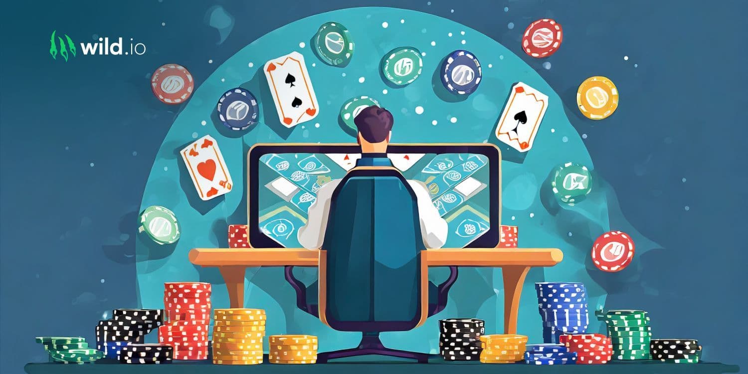 illustration with man at a desk playing online poker