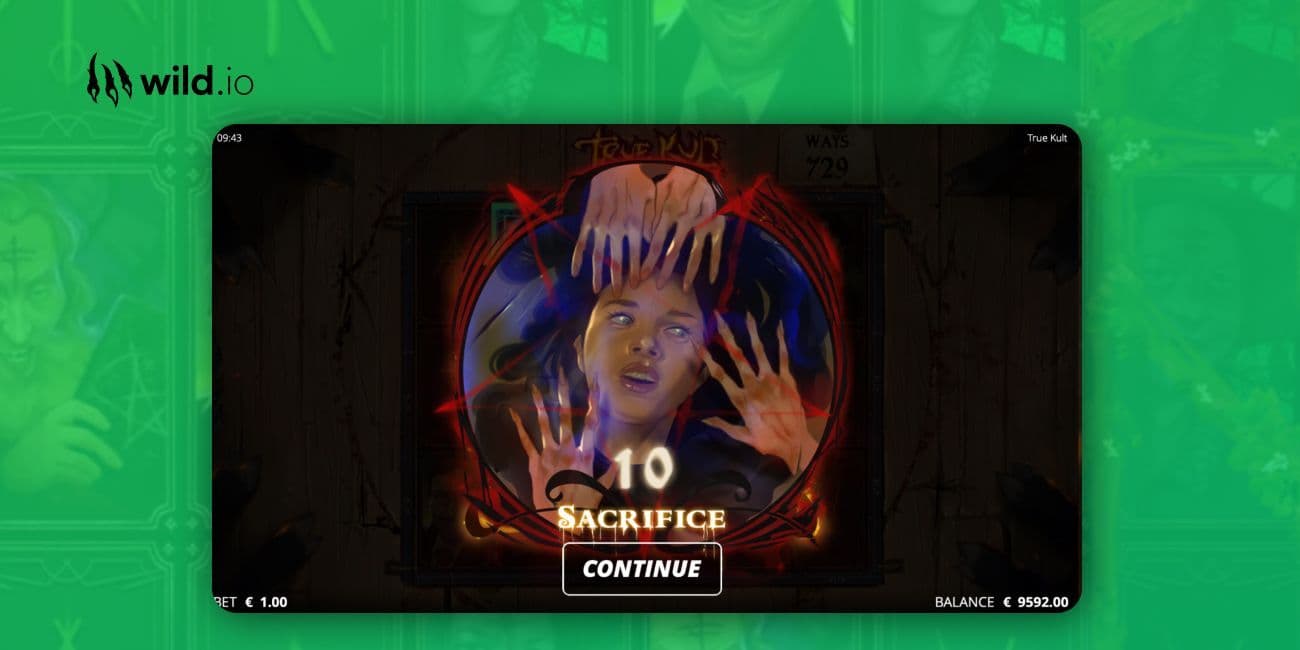 True Kult slot feature screen with ritual character and sacrifice mechanic