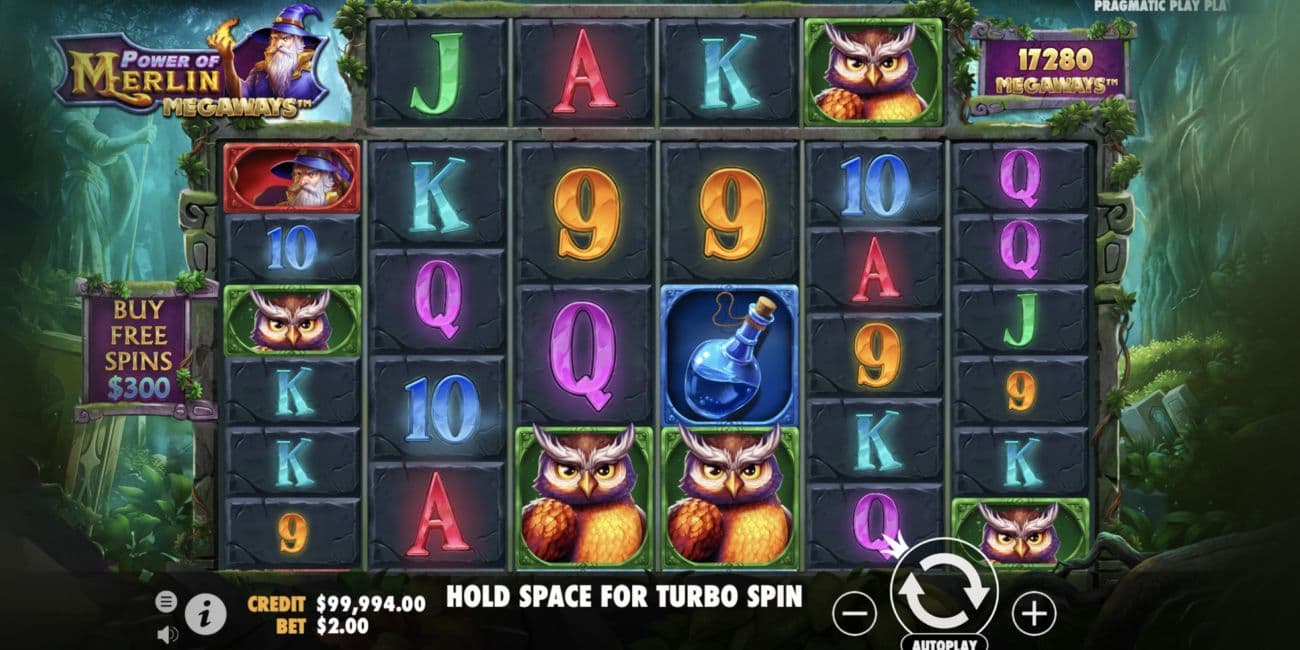 Power of Merlin Megaways slot gameplay with reels and symbols