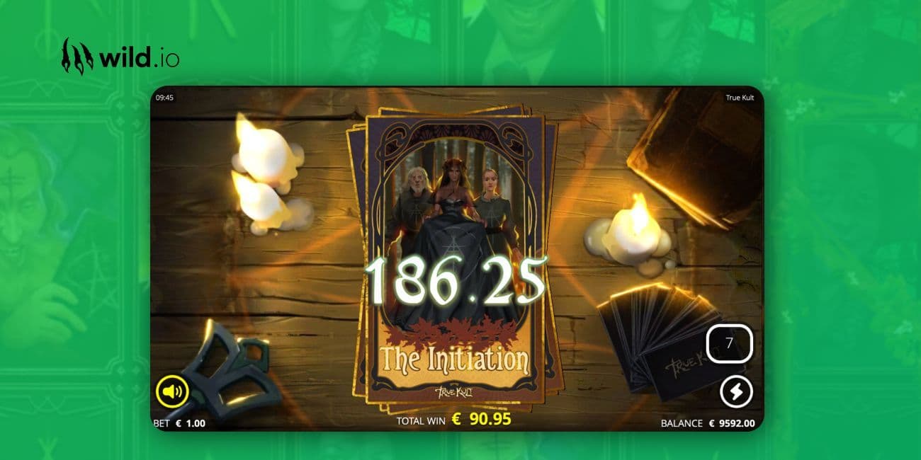 True Kult slot bonus feature showing win amount and ritual scene
