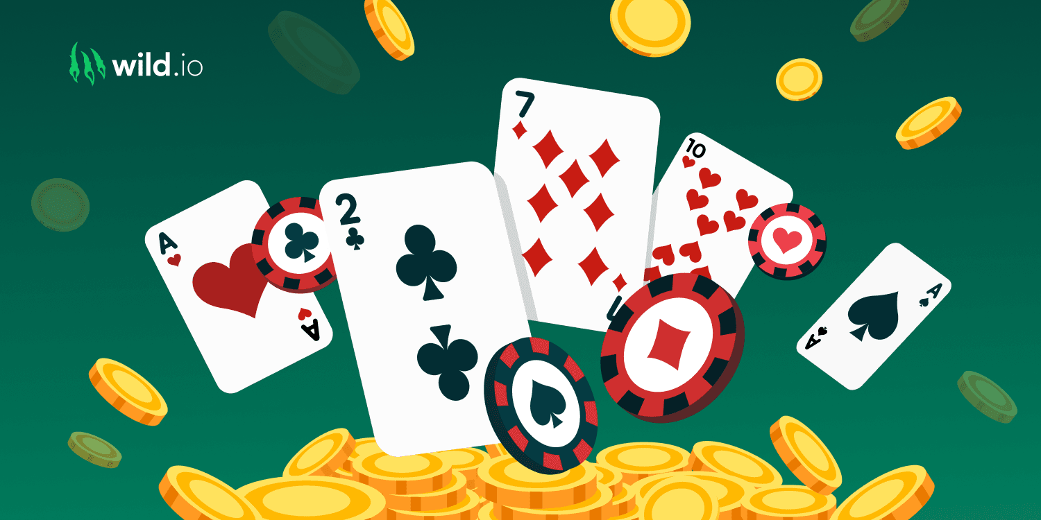 Baccarat game illustration with playing cards, chips and coins