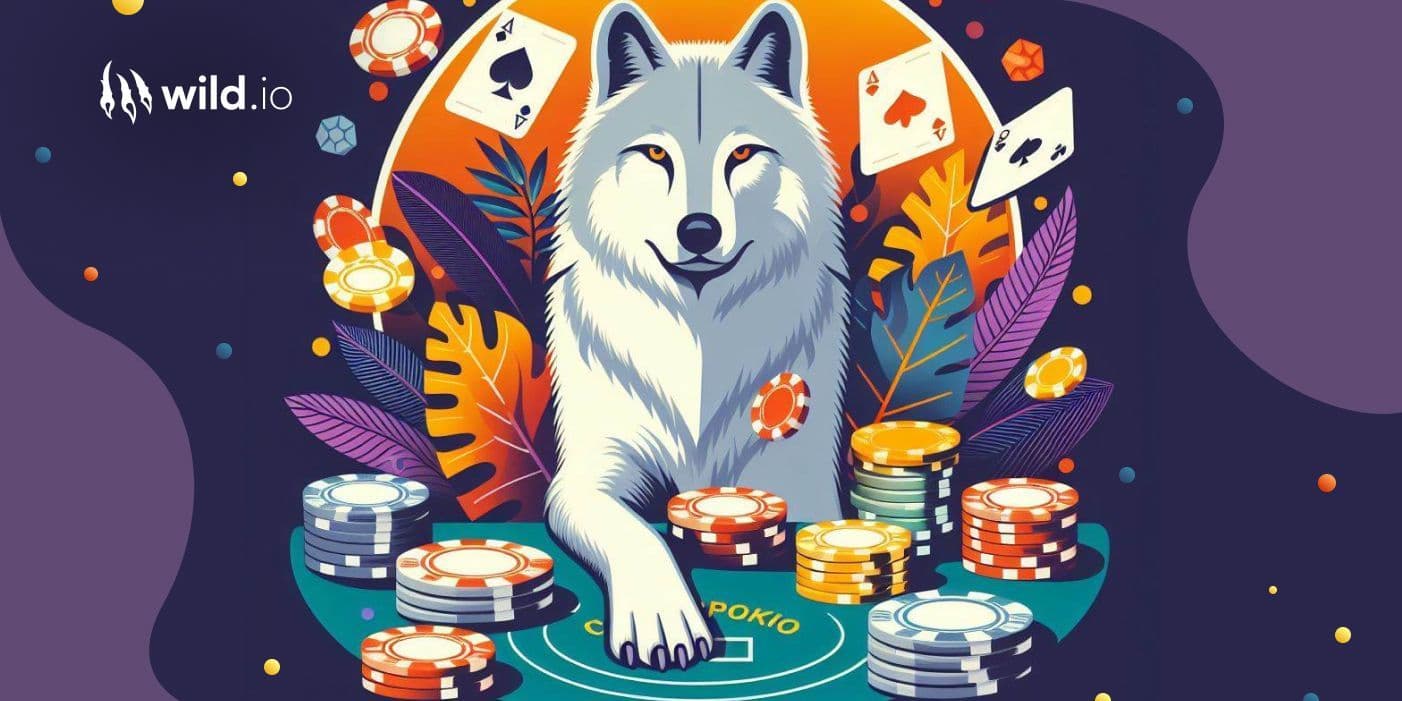 Blackjack strategy illustration with wolf playing cards at casino table