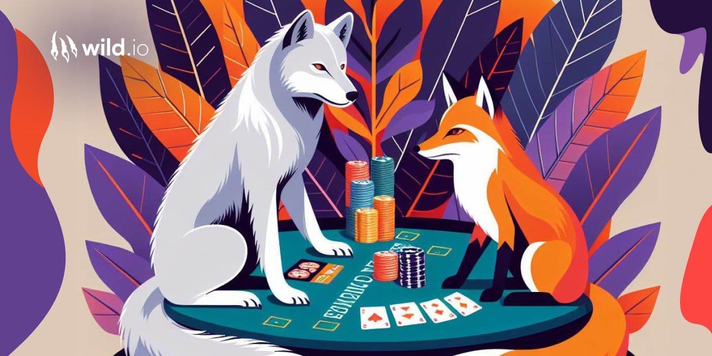 Blackjack game illustration with wolf and fox playing cards at table