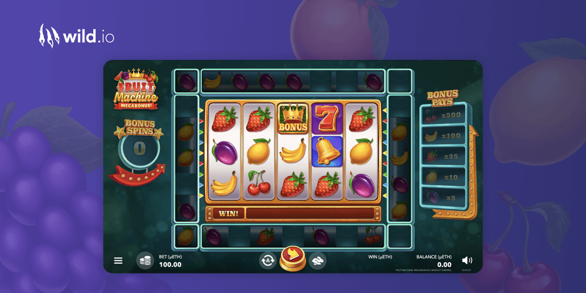 Fruit Machine Megabonus slot gameplay showing reels with fruit symbols and paylines