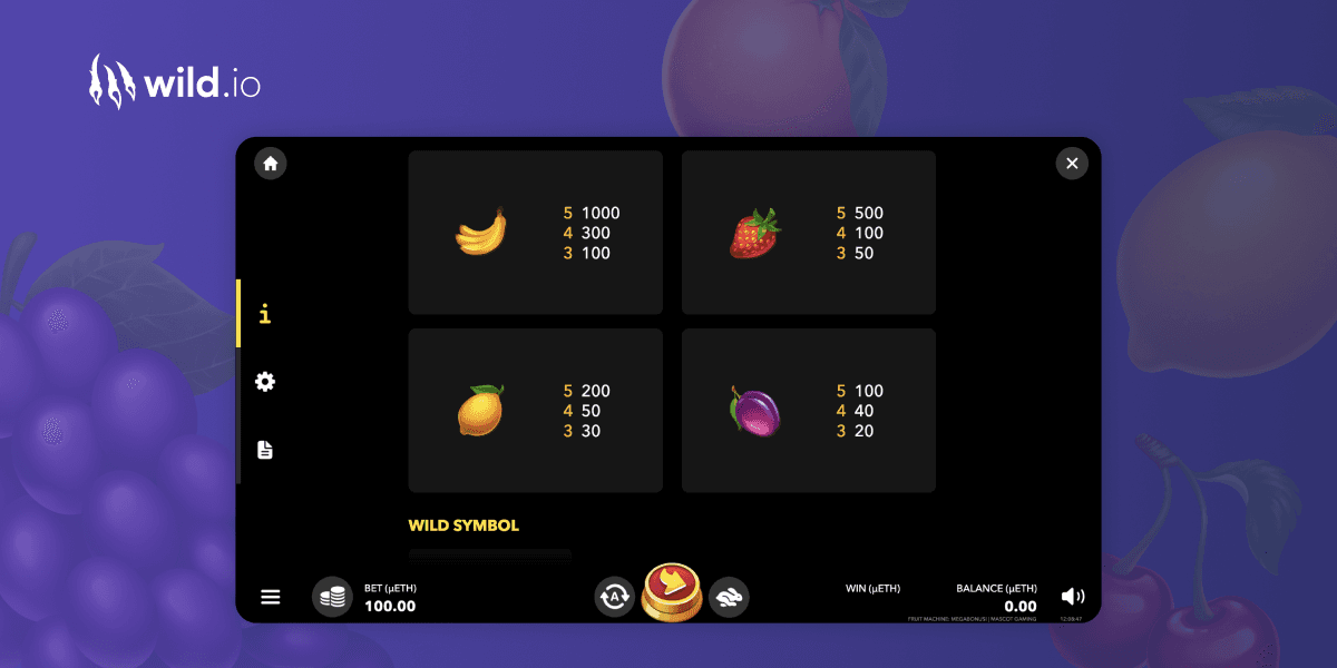 Fruit Machine Megabonus slot paytable showing fruit symbols and payout values